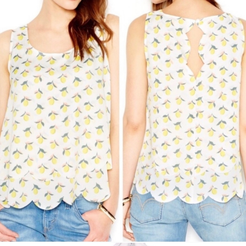 Maison Jules Tiered Scallop-Trim Lemon-Print Tank